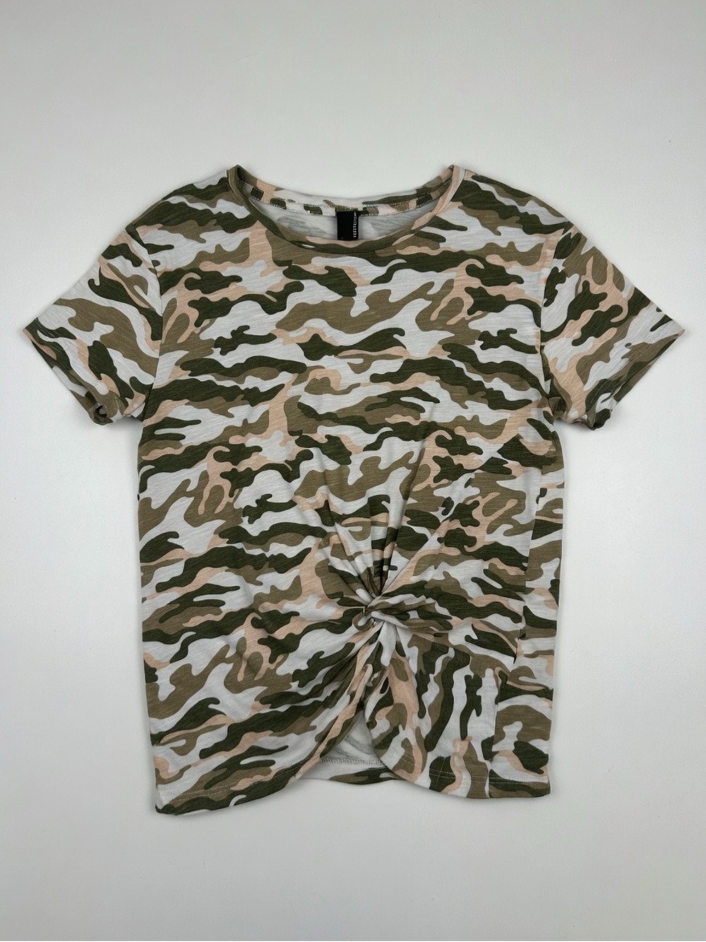 bobi Olive, Pink & White Camo Twist-Front Short Sleeve Cotton Tee MEDIUM